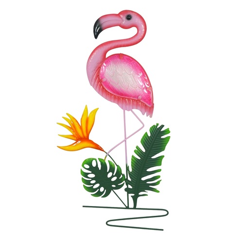 70cm Pink Flamingo Wall Art with Bird of Paradise Flower & Leaves 1pce Metal