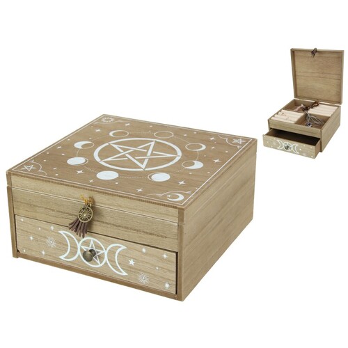 Jewellery Storage Box Wiccan Designed Moon & Pentagram Wooden 20cm 1pce