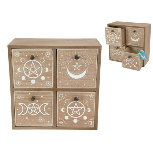4 Draw Mini Cabinet Wiccan Designed Moon & Pentagram Wooden 22cm 1pce