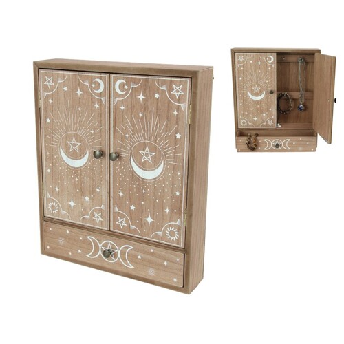 Key Cabinet with Drawers Wiccan Designed Moon & Pentagram Wooden 30x25cm 1pce