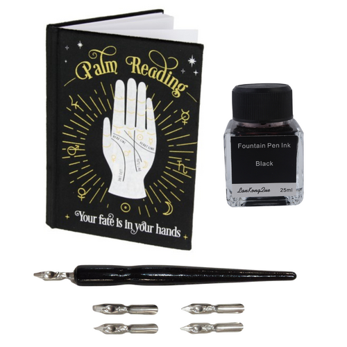 Journal + Calligraphy Ink & Pen Set Black Palm Reading Velvet Book 21cm