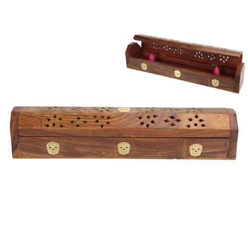 Incense Holder Box Mango Wood Candy Skull Design 30cm Length 1pce