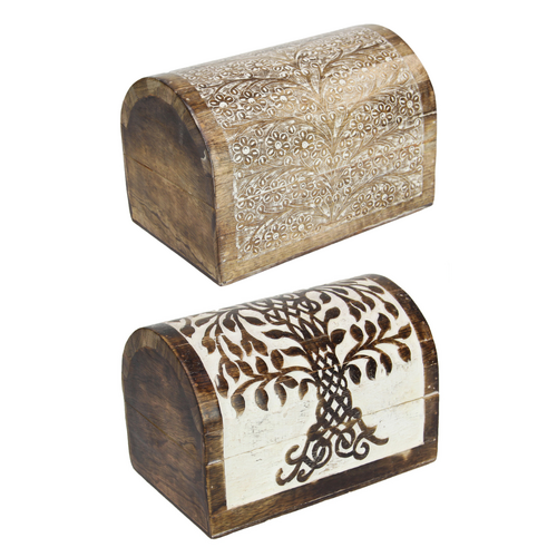 2x Chests Trinket Storage Boxes White Wash Natural Wood Carved 23cm