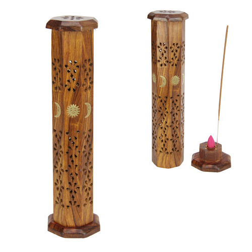 Incense Holder Tower Mango Wood Sun & Moon Design 30cm Height 1pce
