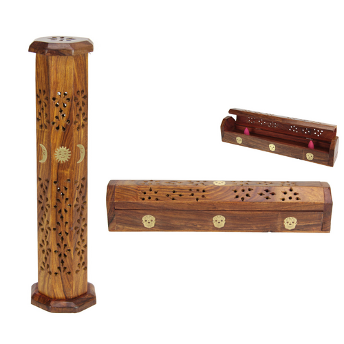 2pce Incense Holder Tower & Box Mango Wood Sun & Moon Design 30cm Height