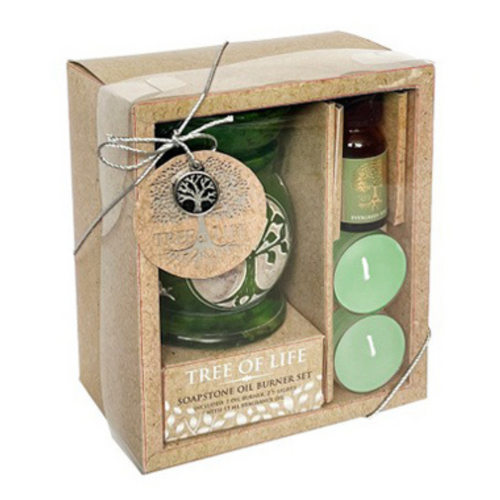 Tree of Life Oil Burner Set with Green Tealights & Essential Oil Soapstone Gift Box
