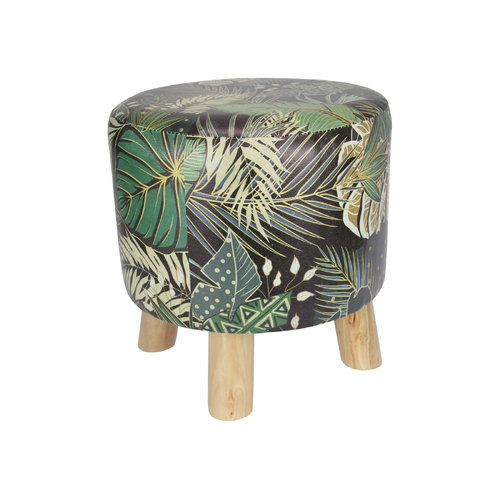 Ottoman Step Stool Foot Rest Pouffe Wooden Legs 30cm Greenery Ferns Black/Green