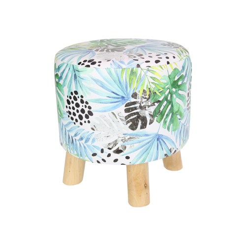 Ottoman Step Stool Foot Rest Pouffe Wooden Legs 30cm Greenery Ferns White/Green