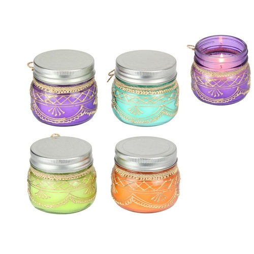 110g 7cm Glass Jar Candle Set of 4 - Purple, Blue, Green & Orange Henna Design