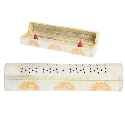 Incense Sticks & Cone Holder Box Mandala White Wash Wooden 30cm Coffin