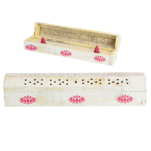 Incense Sticks & Cone Holder Box Lotus White Wash Wooden 30cm Coffin