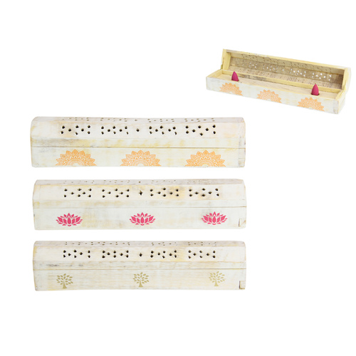 3pce Incense Holder Boxes for Sticks & Cones White Wash Wooden 30cm Coffin