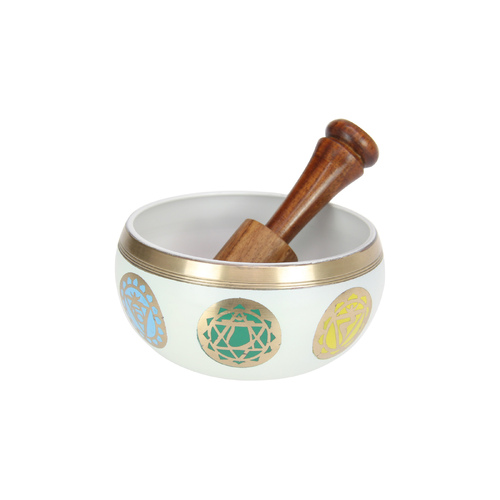 Tibetan Singing Bowl White 7 Chakra Design + Striker & Gift Box 12cm