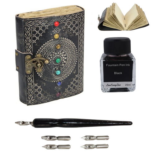 Leather Journal + Calligraphy Ink & Pen Set Chakra Stones & Mandala Book 18cm