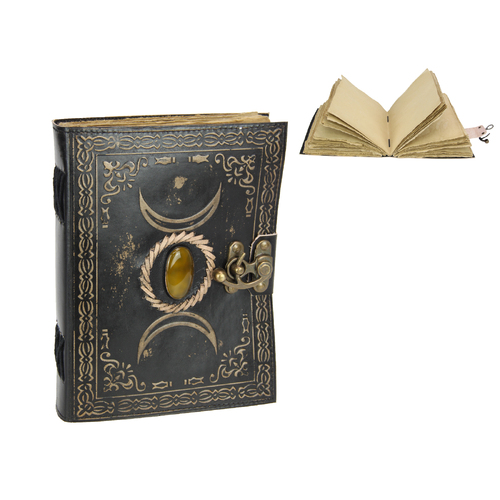 Journal Antique Paper Leather Spell/Writing Book Triple Moon & Stone Design 8x6"