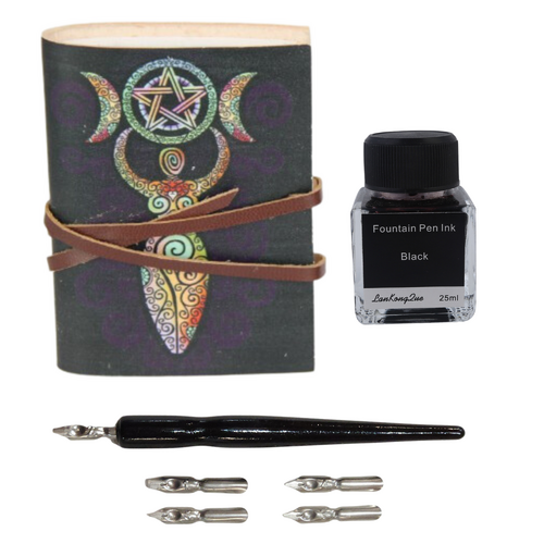 Pocket Journal Leather + Calligraphy Ink & Pen Set Wicca 10cm Mystic Book