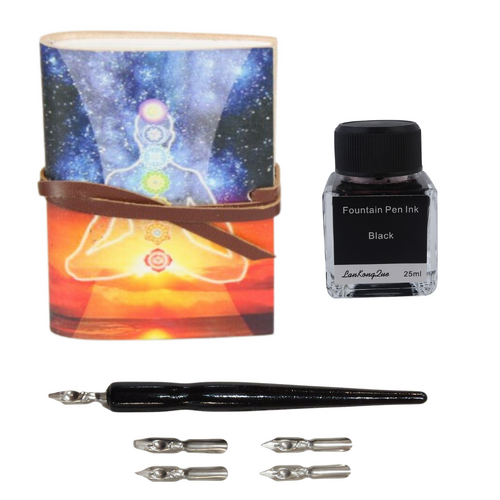 Pocket Journal Leather + Calligraphy Ink & Pen Set Chakras 10cm Mystic Spell Book