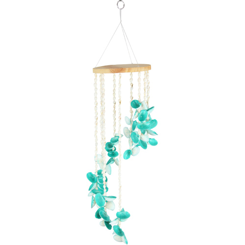 60cm Shell Chandelier Wind Chime Spinner Turquoise with Natural Bamboo Top 1pce