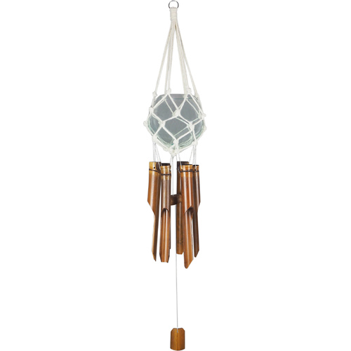 6 Tube Bamboo Wind Chime with Macrame Glass Planter Bowl Natural Soft Tone