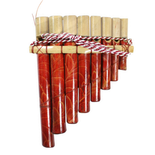 Panpipe Flute Musical Instrument Handmade with Natural Bamboo Red Coloured