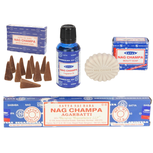 Satya Original Nag Champa Scented Kit Soap, Oil, Incense & Cones Aromatic Bundle