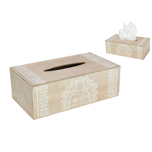 Tissue Box Wooden Buddha Mandala Design 25cm 1pce White & Brown