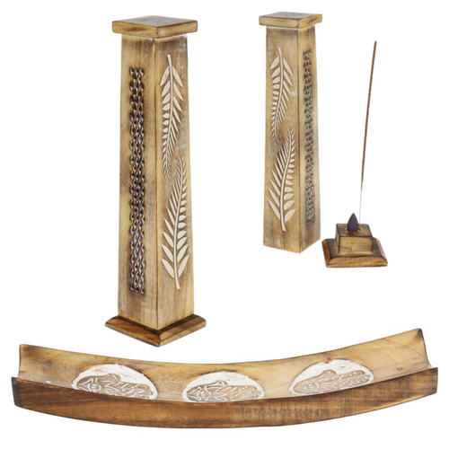 Incense Burner Set Engraved Designs White & Natural Wooden 28cm
