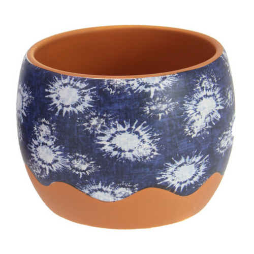 Round Pot Terracotta Blue Pattern 11x13cm Planter - Splash Design