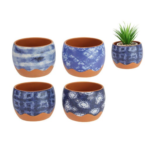 4x Round Pots Set Terracotta Blue Pattern Bundle 11x13cm Size