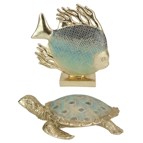 Fish & Turtle Ornaments Set Blue & Gold Metallic Colours Beach Decor Bundle