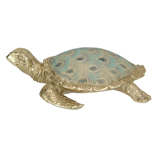 Gold Turtle Ornament Large with Blue Hue Coral Design Shell 23cm Resin 1pce
