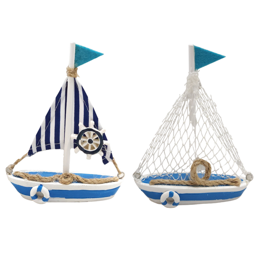 2pce Sailing Boat Set Ornament Blue Nautical Stripes 13.5cm Beach Decor