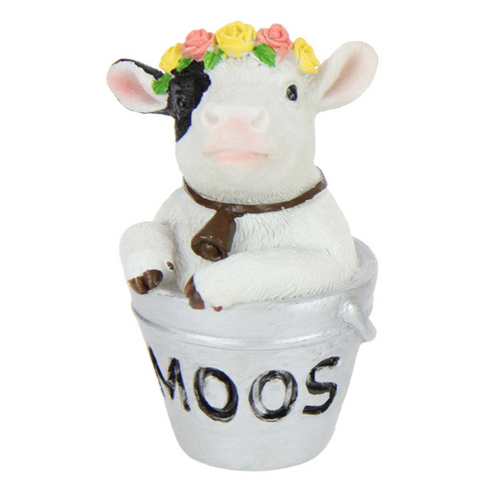 Cute Cow in Bucket Ornament 10cm Moo Wording Resin Farm Animal 1pce