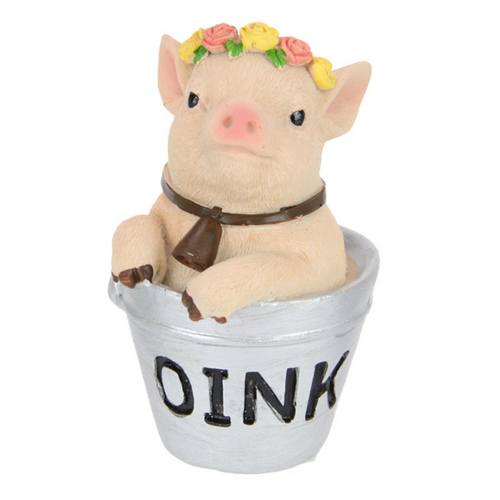 Cute Pig in Bucket Ornament 10cm Oink Wording Resin Farm Animal 1pce