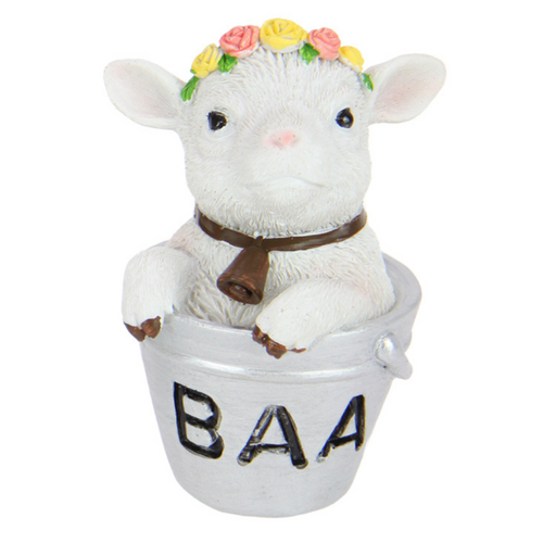 Cute Lamb in Bucket Ornament 10cm Baa Wording Resin Farm Animal 1pce