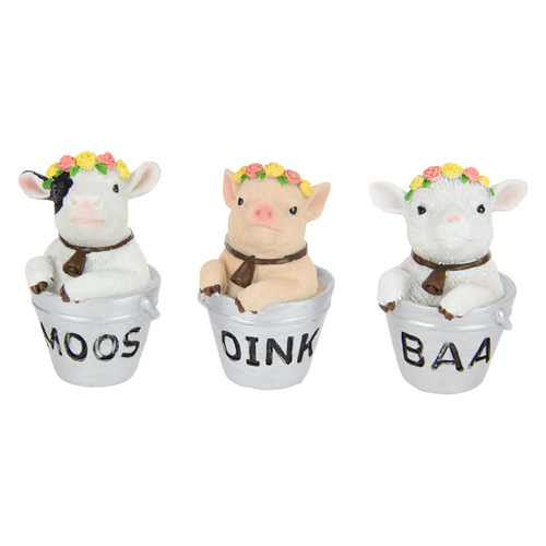 3x Farm Animals Ornaments Set Bucket Ornaments 10cm Pig, Cow & Lamb