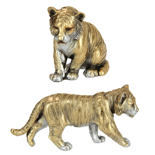 Gold Tiger Ornaments Set 2pce Resin Metallic Modern Home Decor