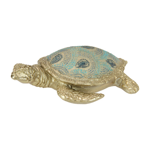 Gold Turtle Ornament Medium with Blue Hue Coral Design Shell 13cm Resin 1pce