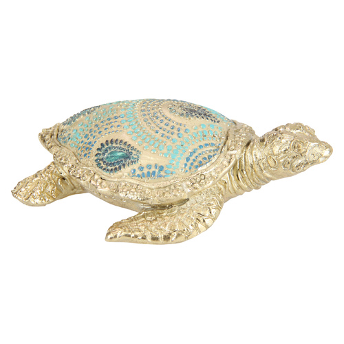 Gold Turtle Ornament Small with Blue Hue Coral Design Shell 9cm Resin 1pce