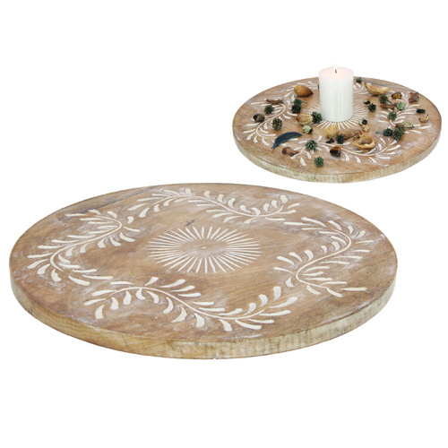 45cm Lazy Susan Round with Carved Inlay Boho Home Decor