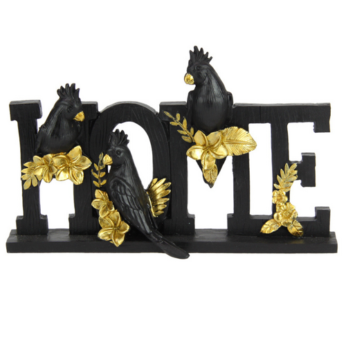 Home Word Plaque Ornament Black & Gold Peacock Birds 18cm Resin 1pce