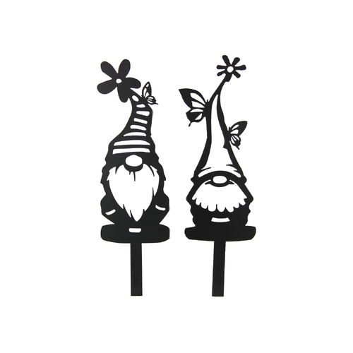 2x 51cm Gnome Garden Stakes Set Cute Hats Black Metal Bundle