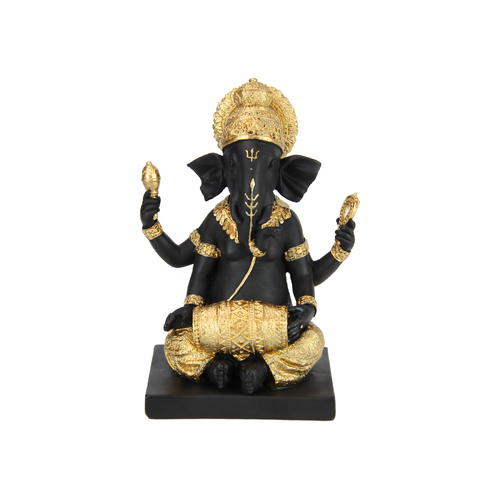 Ganesh Statue Ornament Black & Gold Colours Playing Drum 24cm 1pce Resin