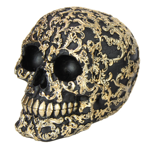 Black Skull Gold Antique Engraved Finish 12cm Resin Goth Ornament 1pce