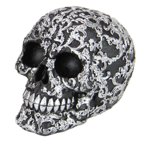 Black Skull Silver Antique Engraved Finish 12cm Resin Goth Ornament 1pce