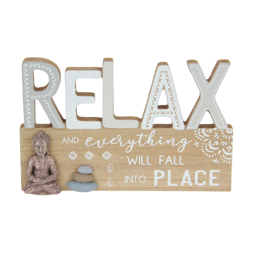 Relax Buddha Theme Sign Natural Wooden Plaque 22cm Standing or Hanging