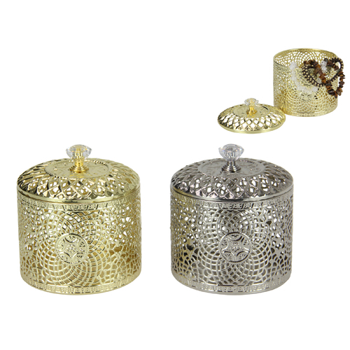 2x 10cm Metal Jewellery Boxes Set or Candle Holder Gold & Silver Antique Style