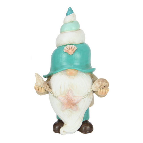 Beach Gnome Ornament Aqua Blue with Big Beard 3 Shells 13cm Resin 1pce