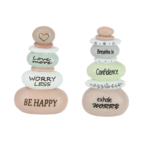 2x Cairn Rock Stacks Set with Inspirational Wording 13cm Resin Bundle