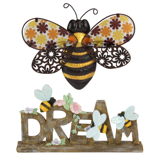 Bee Ornament & Wall Art Set Dream Plaque & Metal Buzzing Bees Bundle